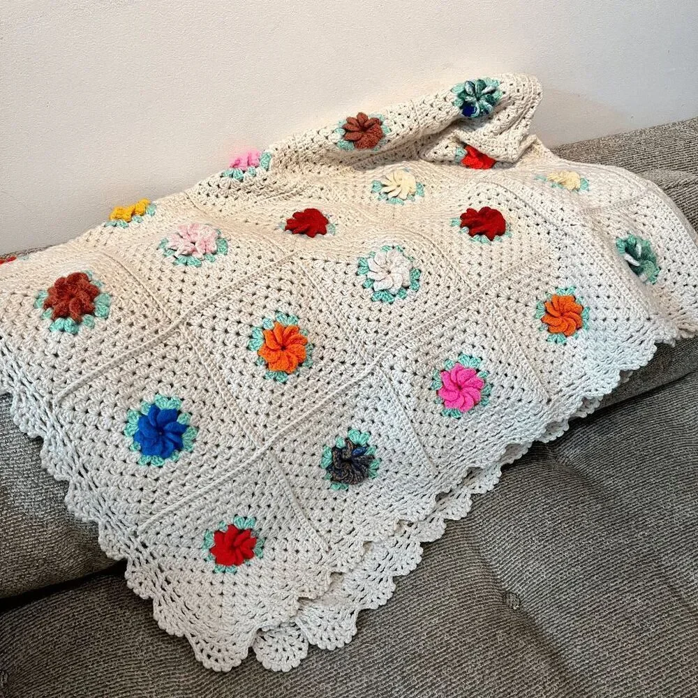 Handmade Crochet Afghan Blanket Puff 3D Flowers Cotton Blend 72x52 Boho Cottagec